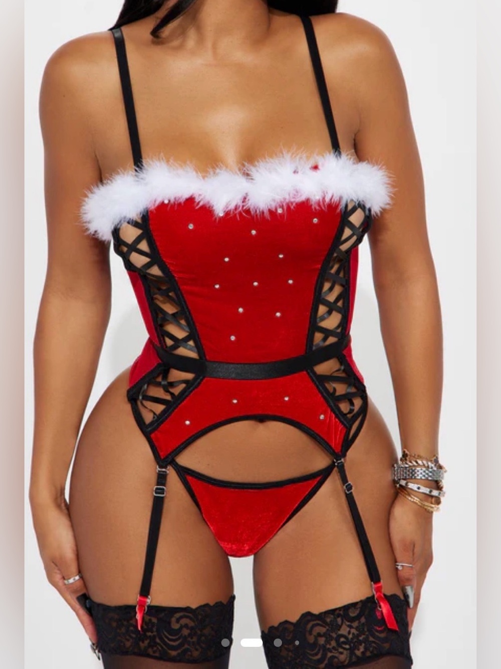 Women's Red Holiday Corset Lingerie with White Trim